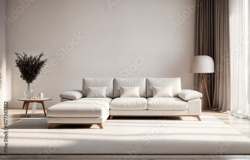 The image shows a modern living room with a white sofa and matching ottoman, wooden floors, and a large window letting in soft sunlight. photo