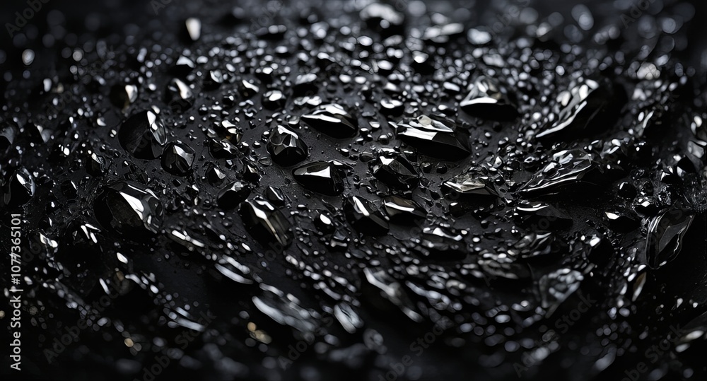 Macro shot of scattered water droplets on a dark, reflective surface, creating a textured, glossy, and dramatic abstract background. Macro shot of scattered water droplets on a dark, reflective surface, creating a textured, glossy, and dramatic abstract background.