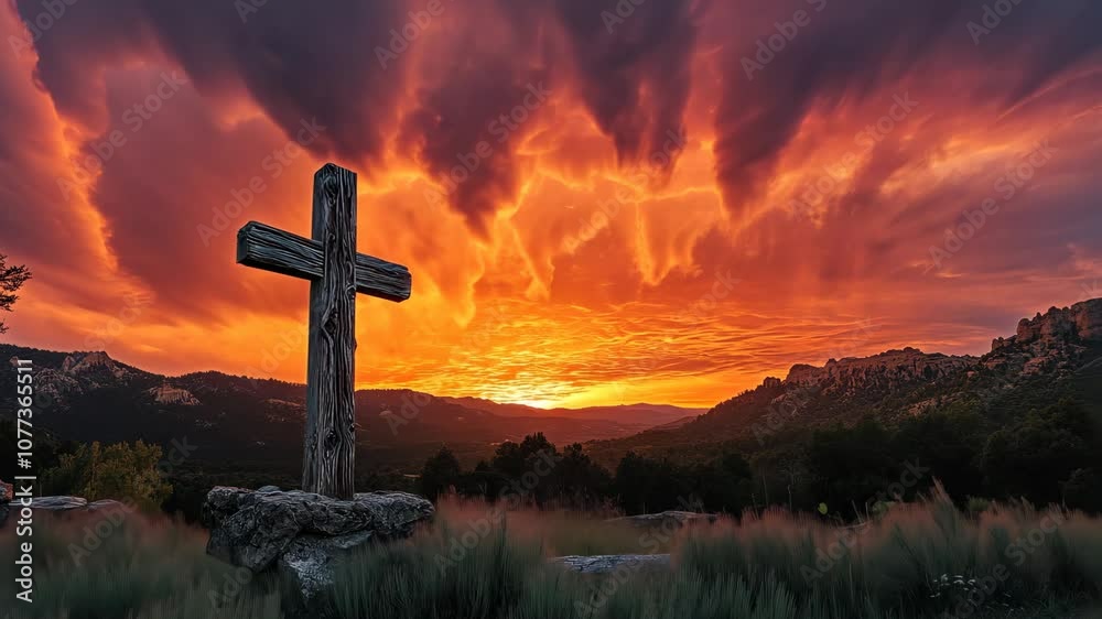 Cross in the mountains at dramatic sunset, spiritual concept