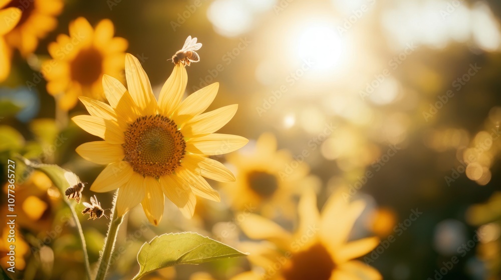Naklejka premium A Honeybee Gathering Pollen on a Sunflower in Warm Sunlight