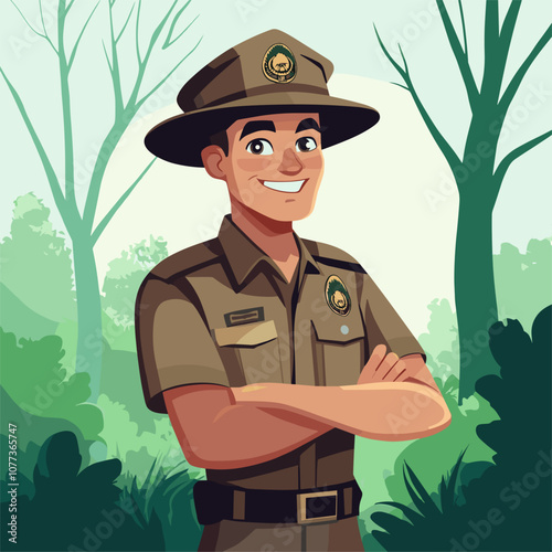 vector flat style park ranger on uniform background .Generative AI
