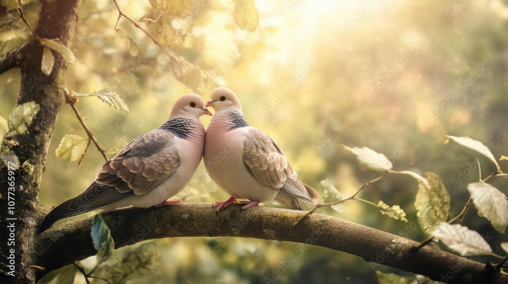 Fototapeta premium Pair of doves nestled together on a tree
