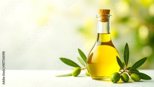 Olive oil bottle and olive branch on the wooden table. Cooking ingredient, hyper realistic illustration. Empty copy space, banner photo