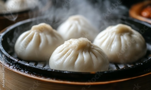 A close-up image of freshly steamed bao buns with visible steam rising.