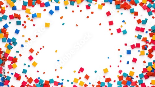 Vibrant colorful confetti squares scattered on white background for festive celebrations