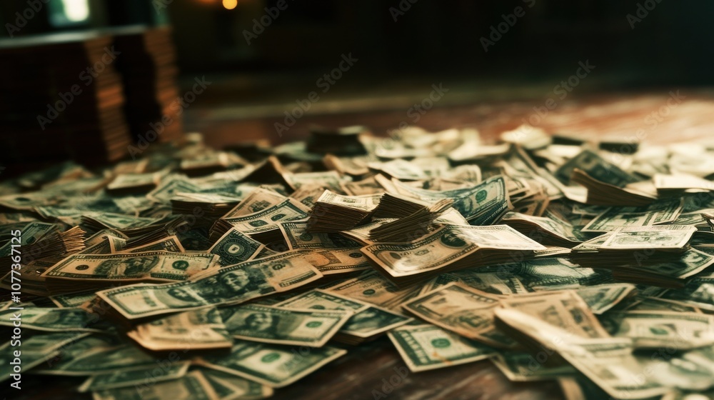 Piles of money with bills spread out Piles of money with bills spread out