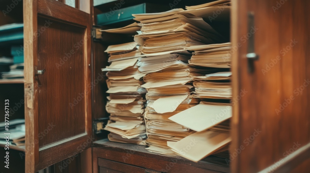 Piles of official documents in a cabinet, waiting to be filed.