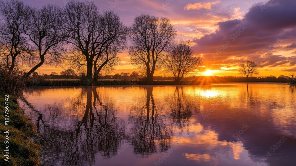 Fototapeta premium Serene sunset over a tranquil lake with silhouetted trees.