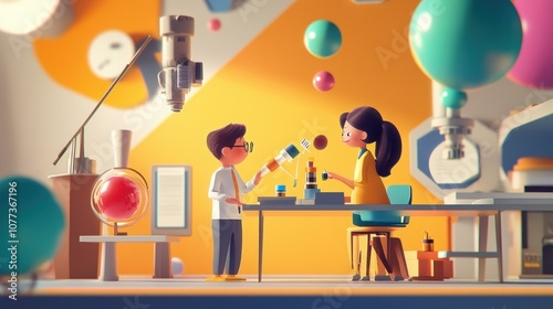 Two Cartoon Children Working on a Science Experiment in a Colorful Room photo