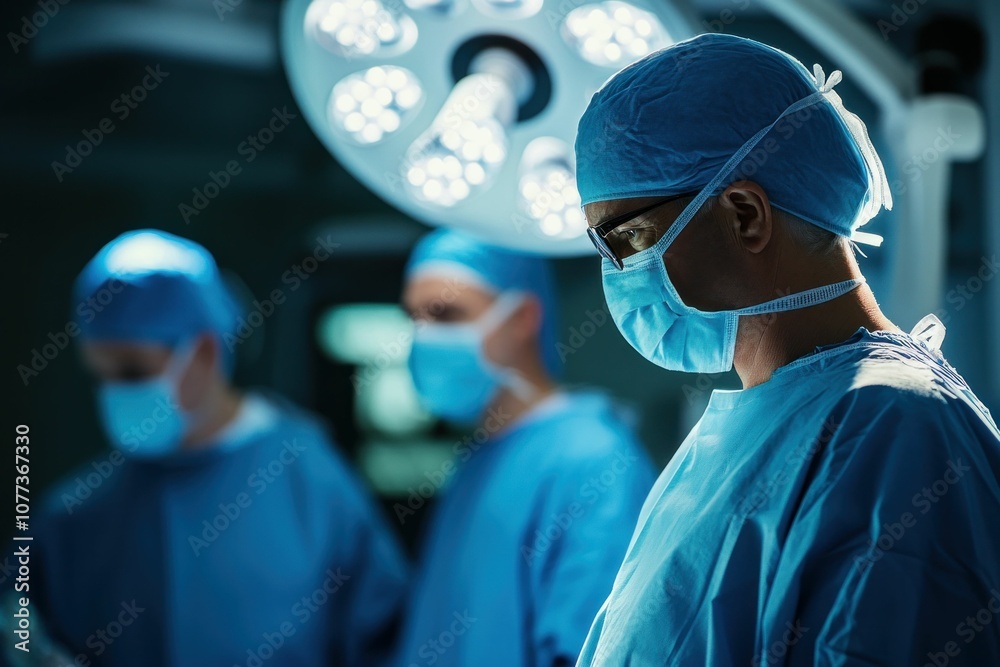 Medical professionals in surgical masks and scrubs preparing for surgery in an operating room with bright overhead lights and a sterile environment Medical professionals in surgical masks and scrubs preparing for surgery in an operating room with bright overhead lights and a sterile environment