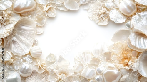 Elegant pearl and shell arrangement creating a luxurious floral border