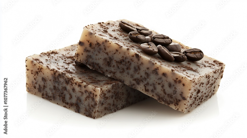 Exfoliating coffee soap with coffee grounds throughout, decorated with coffee beans, isolated on white Exfoliating coffee soap with coffee grounds throughout, decorated with coffee beans, isolated on white