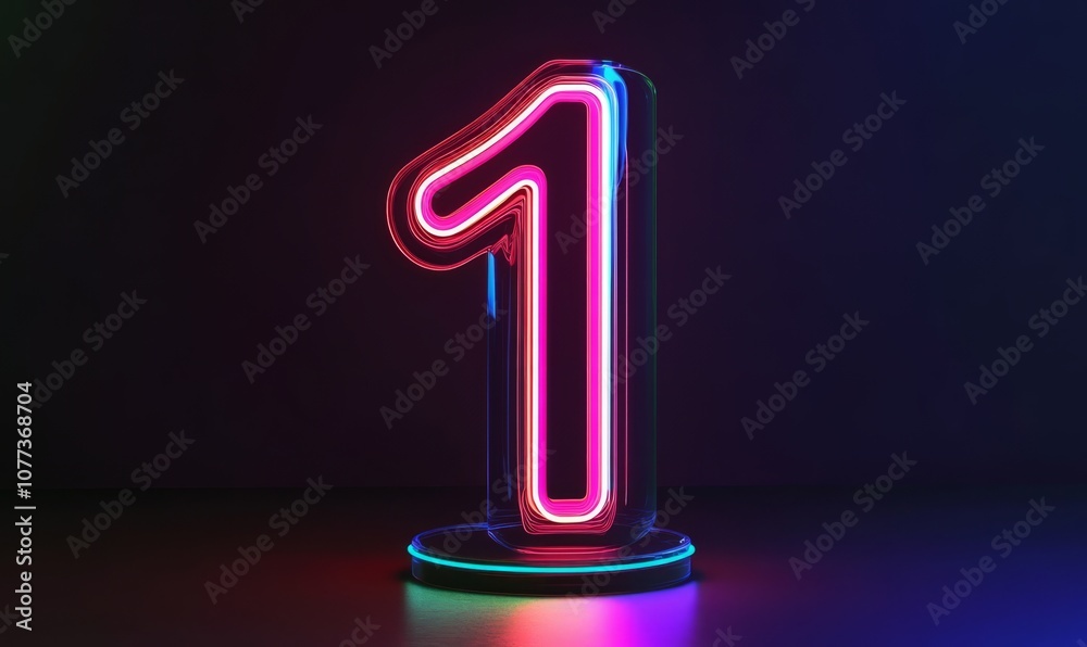 Neon number one. Glowing colorful line inside the glass symbol 1 shape. Top chart