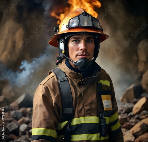 Portrait of a Brave Male Firefighter with Flames in Background - Heroic Firefighter in Full Gear Ready for Action