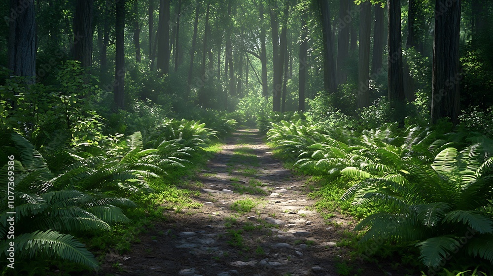 Obraz premium Sunlight illuminating lush green forest pathway with serene beauty picture