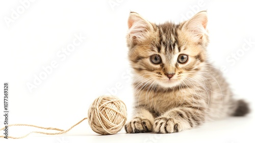 A cute brown tabby kitten plays with a ball of yarn. photo