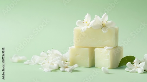 Jasmine and green tea soap with jasmine petals on top, isolated on a light green background