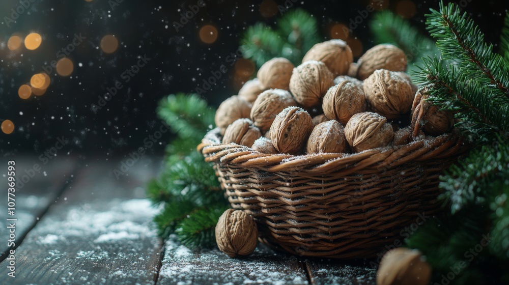 A rustic basket filled with walnuts surrounded by snowfall and evergreen branches A rustic basket filled with walnuts surrounded by snowfall and evergreen branches