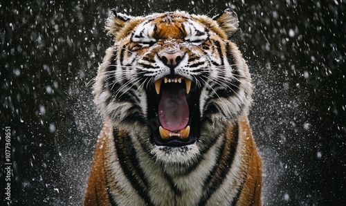 A close-up of a Siberian tiger captured mid-roar with snowflakes flying around its face, emphasizing its powerful presence photo