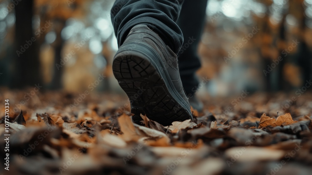 Close-up of a Foot Stepping on Autumn Leaves Close-up of a Foot Stepping on Autumn Leaves