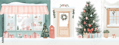 Christmas cozy shop front with snow, decorated for the holiday season. A Christmas tree in the window, and presents outside the door, watercolor painting, retro message, holiday decoration 