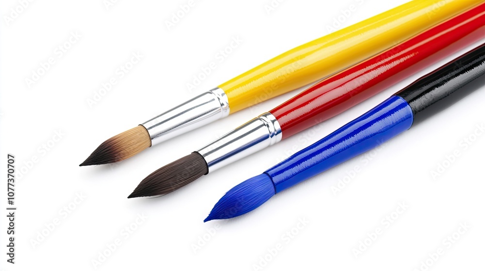 Vibrant collection of art brushes with colorful paint displayed against a clean white background in high-resolution detail Vibrant collection of art brushes with colorful paint displayed against a clean white background in high-resolution detail