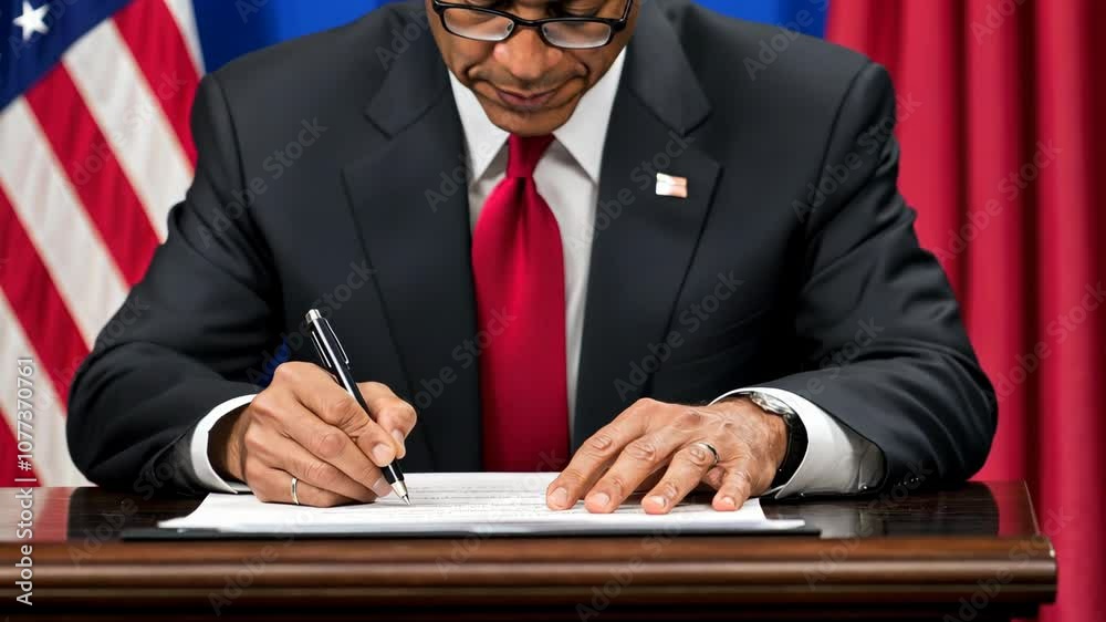 A man in a suit signs a document at a desk with the American flag in the background