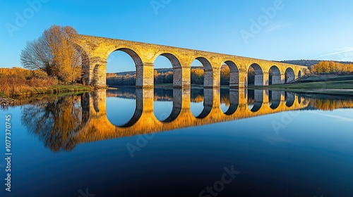 A stone bridge with multiple arches spans a calm river, its reflection mirroring the structure in the still water.  The sky is a clear blue