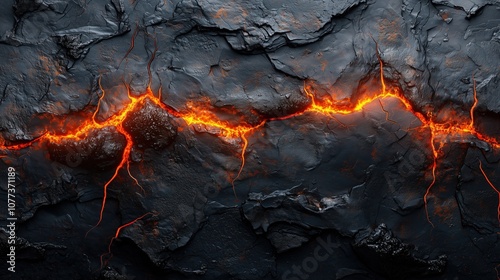 A jagged, dark surface with glowing lava cracks, creating a striking contrast between the fiery orange and the volcanic rock.