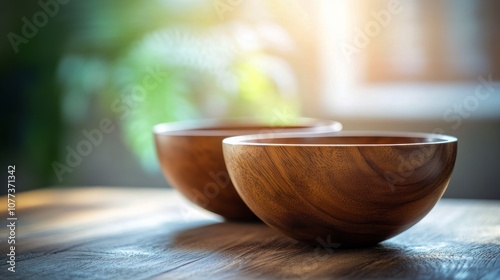 Two handcrafted wooden bowls on a rustic wooden table with textured background