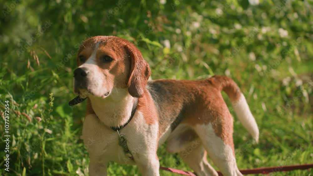 Dog on red leash standing in grassy area near lush greenery, staring intently into distance on sunny day, dog appears alert and curious, with sunlight highlighting its fur Dog on red leash standing in grassy area near lush greenery, staring intently into distance on sunny day, dog appears alert and curious, with sunlight highlighting its fur