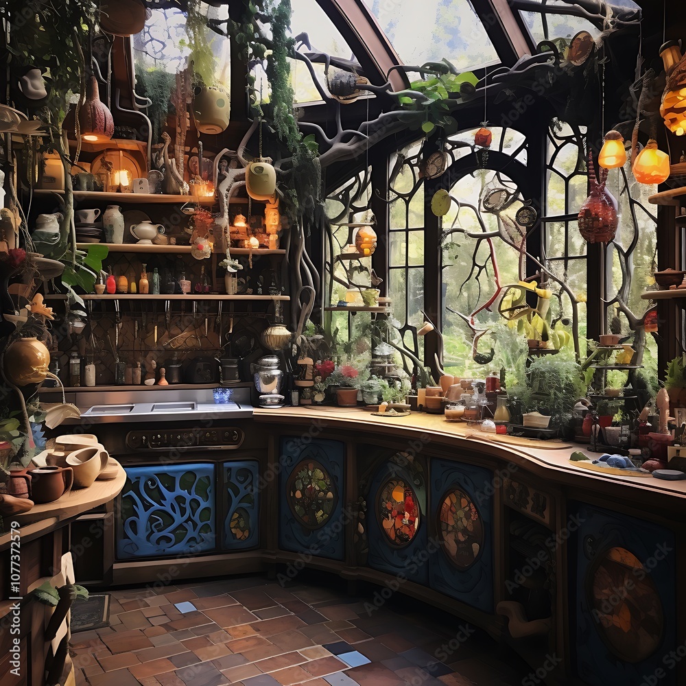 there is a kitchen with a lot of plants and pots on the counter there is a kitchen with a lot of plants and pots on the counter