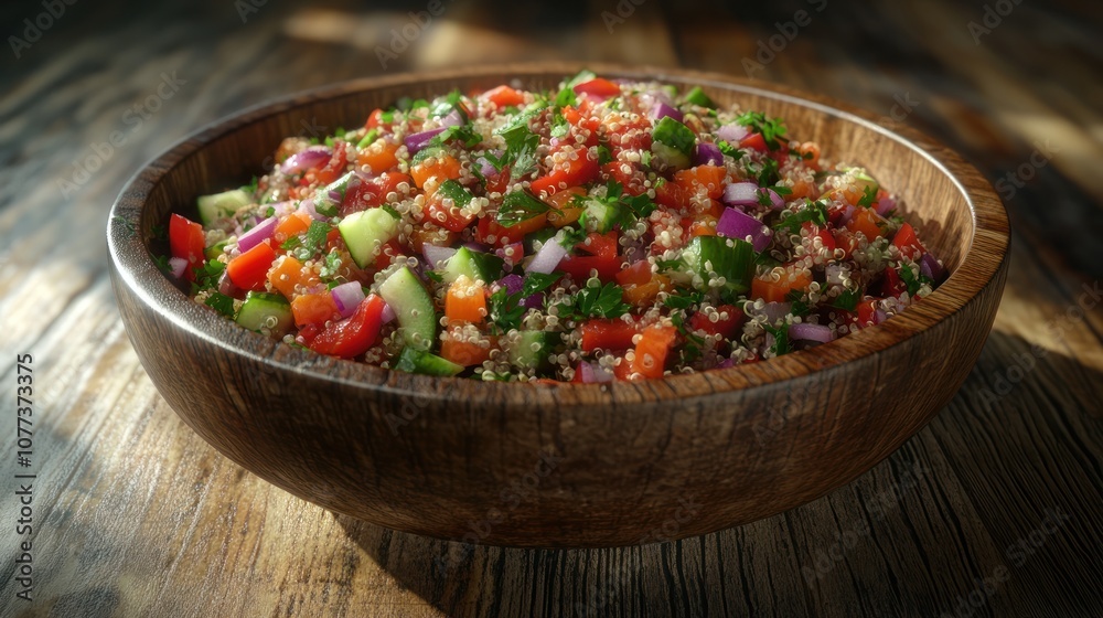 A vibrant bowl of quinoa salad filled with fresh vegetables and herbs. A vibrant bowl of quinoa salad filled with fresh vegetables and herbs.