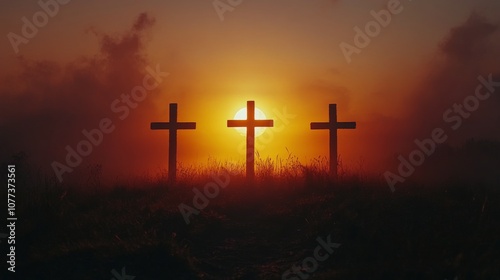 Three crosses silhouetted against a vibrant sunset on a serene landscape