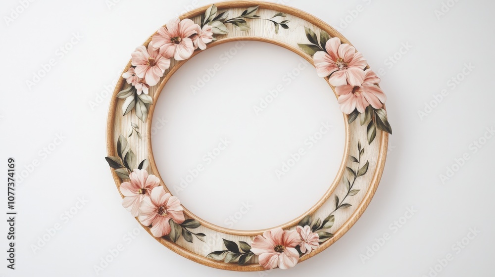 Fototapeta premium Elegant floral wreath with pink blossoms and green foliage on white background