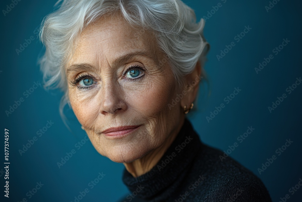 elegant senior portrait, a stylish and modern portrait of a retiree against a vibrant blue background, with room for text elegant senior portrait, a stylish and modern portrait of a retiree against a vibrant blue background, with room for text