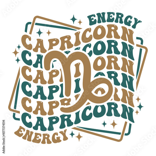 Capricorn astrological sign. Retro wavy text zodiac design.