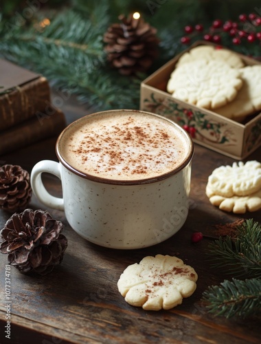 Cozy seasonal setting with a cup of warm beverage, cookie, and decorative elements