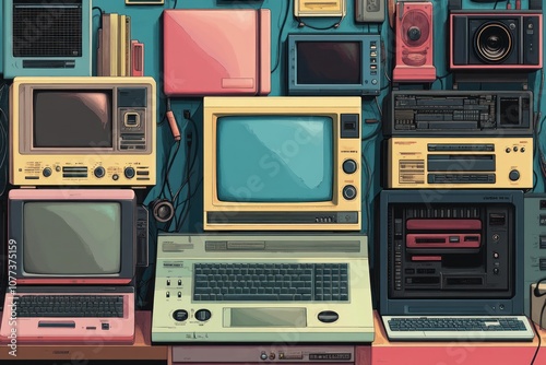 A collection of vintage electronics, including TVs, computers, and audio equipment, arranged on a wall.