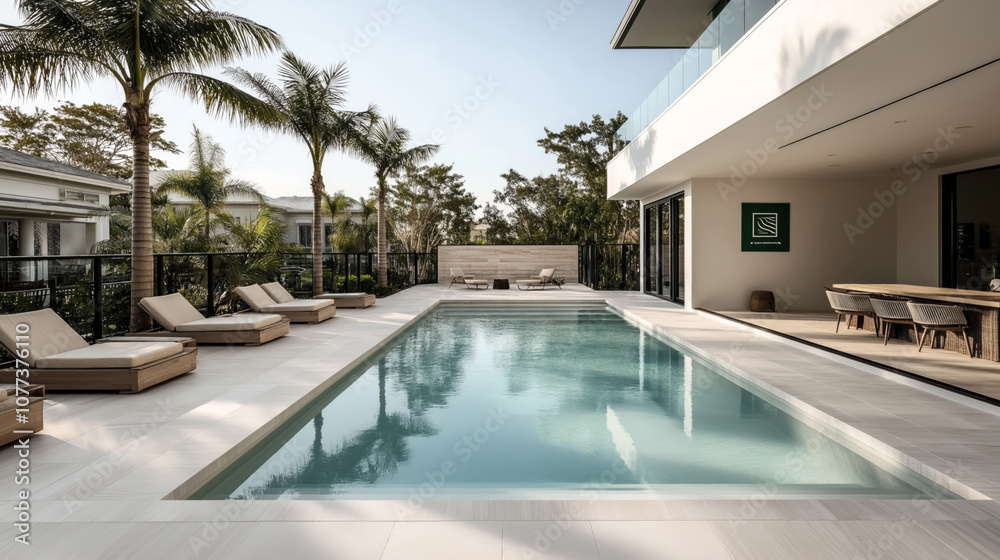 Fototapeta premium Modern outdoor swimming pool with sun loungers and dining area surrounded by palm trees at a luxury residential property