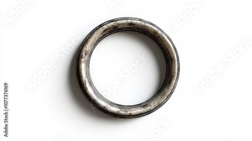 Antique metallic ring on white background: vintage industrial design close-up