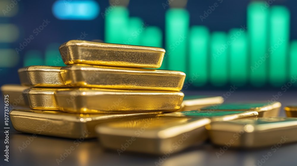 Gold bars stacked high with a digital graph showing a sharp uptrend in the market symbolizing successful investments Gold bars stacked high with a digital graph showing a sharp uptrend in the market symbolizing successful investments