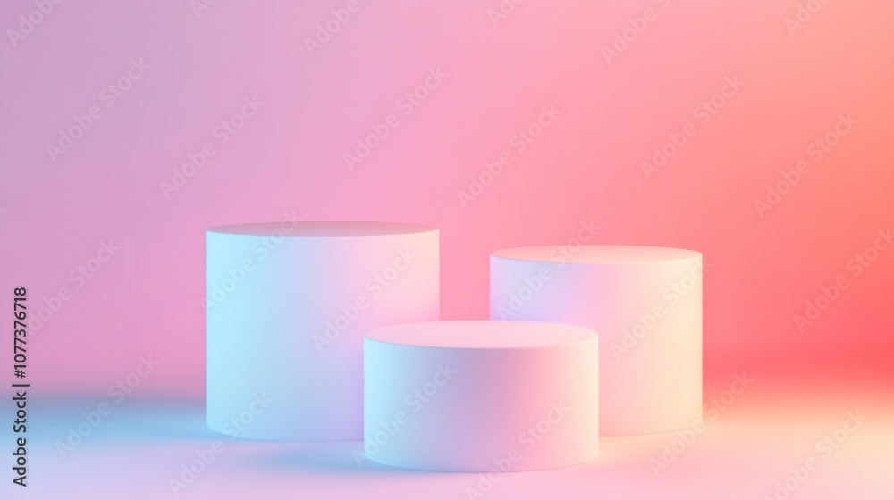 Three White Cylindrical Platforms Against a Pink and Blue Gradient Background Three White Cylindrical Platforms Against a Pink and Blue Gradient Background