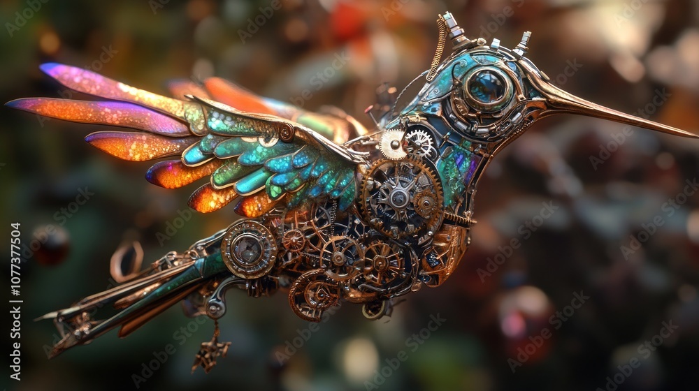 A steampunk-inspired hummingbird with intricate mechanical details and colorful wings. A steampunk-inspired hummingbird with intricate mechanical details and colorful wings.