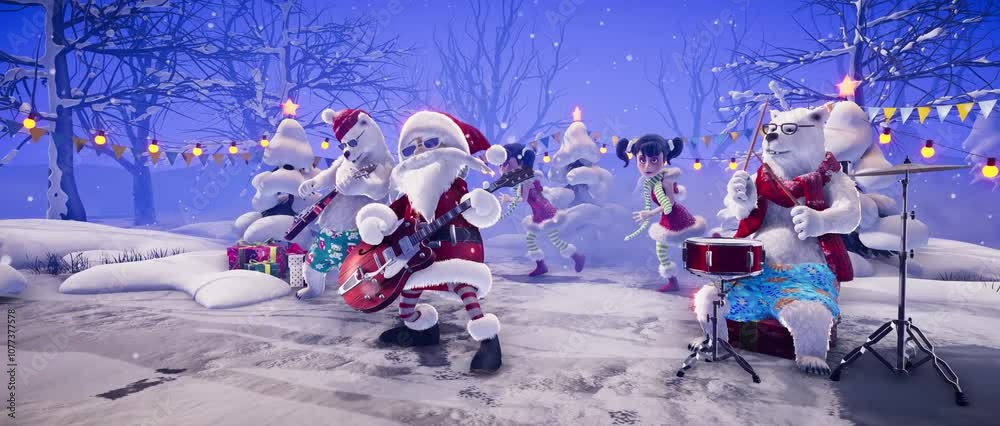 Christmas Party: Funny Santa Claus and polar bears play guitars and drums on a winter holiday background. Animated video for greeting cards, festive events, and New Year's parties.