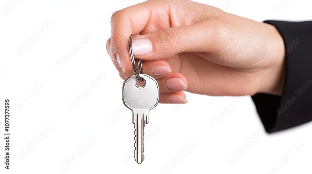 A woman's hand gracefully holds keys while she smiles joyfully in a soft-focus backdrop of a bright white setting A woman's hand gracefully holds keys while she smiles joyfully in a soft-focus backdrop of a bright white setting