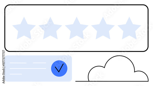 Five blue stars indicating a five-star rating, accompanied by a checklist icon and cloud graphic. Ideal for showcasing quality assurance, customer feedback, service reviews, cloud storage, digital