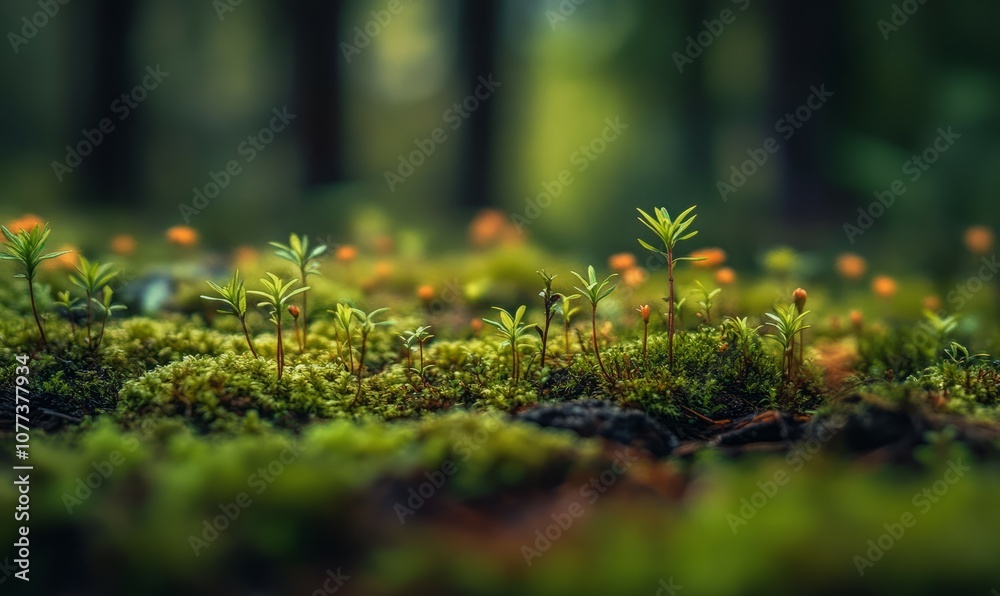 forest floor with vibrant green moss and tiny sprouting plants forest floor with vibrant green moss and tiny sprouting plants