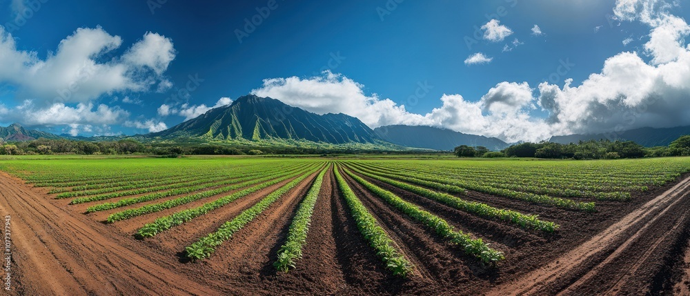 Lush farmland with mountains and blue sky backdrop. Lush farmland with mountains and blue sky backdrop.