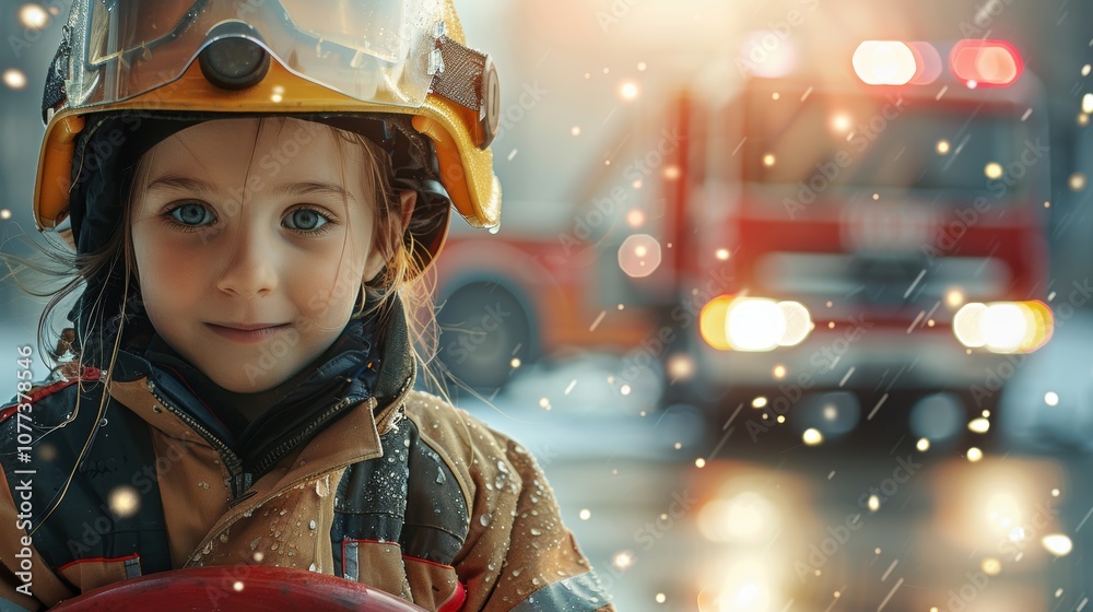 Young Firefighter in Uniform with Fire Hose and Fire Trucks in Background Young Firefighter in Uniform with Fire Hose and Fire Trucks in Background
